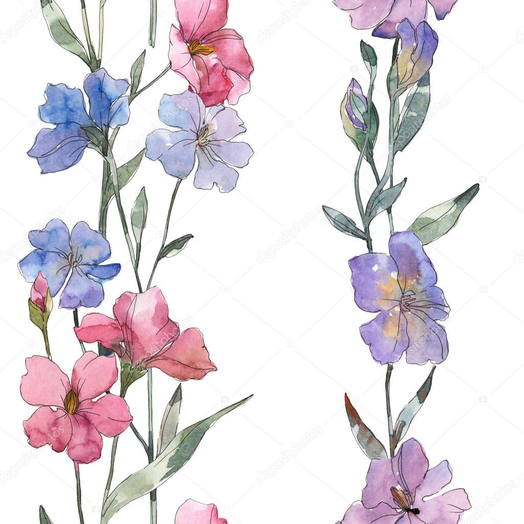 Pink and purple flax botanical flower. Wild spring leaf isolated. Watercolor illustration set. Watercolour drawing fashion aquarelle. Seamless background pattern. Fabric wallpaper print texture.