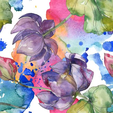 Pembe ve mor lotus botanik çiçek. Vahşi bahar yaprak izole. Suluboya resim kümesi. Suluboya çizim moda aquarelle. Sorunsuz arka plan deseni. Kumaş duvar kağıdı yazdırma doku.