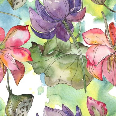 Pembe ve mor lotus botanik çiçek. Vahşi bahar yaprak izole. Suluboya resim kümesi. Suluboya çizim moda aquarelle. Sorunsuz arka plan deseni. Kumaş duvar kağıdı yazdırma doku.