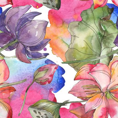 Pembe ve mor lotus botanik çiçek. Vahşi bahar yaprak izole. Suluboya resim kümesi. Suluboya çizim moda aquarelle. Sorunsuz arka plan deseni. Kumaş duvar kağıdı yazdırma doku.