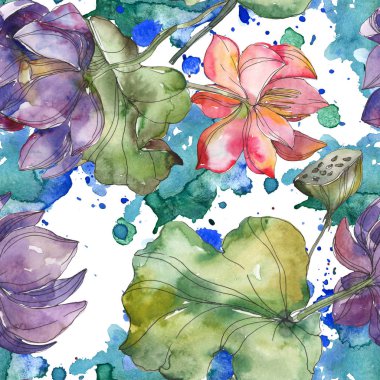 Pembe ve mor lotus botanik çiçek. Vahşi bahar yaprak izole. Suluboya resim kümesi. Suluboya çizim moda aquarelle. Sorunsuz arka plan deseni. Kumaş duvar kağıdı yazdırma doku.
