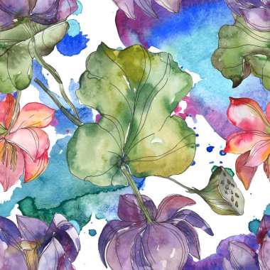 Pembe ve mor lotus botanik çiçek. Vahşi bahar yaprak izole. Suluboya resim kümesi. Suluboya çizim moda aquarelle. Sorunsuz arka plan deseni. Kumaş duvar kağıdı yazdırma doku.