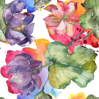 Pembe ve mor lotus botanik çiçek. Vahşi bahar yaprak izole. Suluboya resim kümesi. Suluboya çizim moda aquarelle. Sorunsuz arka plan deseni. Kumaş duvar kağıdı yazdırma doku.