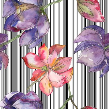 Pembe ve mor lotus botanik çiçek. Vahşi bahar yaprak izole. Suluboya resim kümesi. Suluboya çizim moda aquarelle. Sorunsuz arka plan deseni. Kumaş duvar kağıdı yazdırma doku.