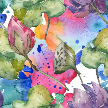 Pembe ve mor lotus botanik çiçek. Vahşi bahar yaprak izole. Suluboya resim kümesi. Suluboya çizim moda aquarelle. Sorunsuz arka plan deseni. Kumaş duvar kağıdı yazdırma doku.