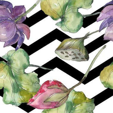 Pembe ve mor lotus botanik çiçek. Vahşi bahar yaprak izole. Suluboya resim kümesi. Suluboya çizim moda aquarelle. Sorunsuz arka plan deseni. Kumaş duvar kağıdı yazdırma doku.