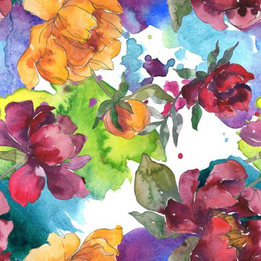 Sarı ve bordo peonies. Suluboya resim kümesi. Sorunsuz arka plan deseni. Kumaş duvar kağıdı yazdırma doku.