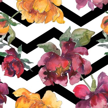 Sarı ve bordo peonies. Suluboya resim kümesi. Sorunsuz arka plan deseni. Kumaş duvar kağıdı yazdırma doku.