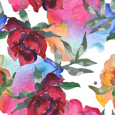 Sarı ve bordo peonies. Suluboya resim kümesi. Sorunsuz arka plan deseni. Kumaş duvar kağıdı yazdırma doku.