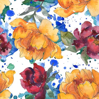 Sarı ve bordo peonies. Suluboya resim kümesi. Sorunsuz arka plan deseni. Kumaş duvar kağıdı yazdırma doku.
