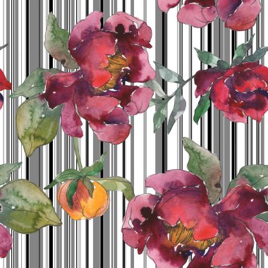 Sarı ve bordo peonies. Suluboya resim kümesi. Sorunsuz arka plan deseni. Kumaş duvar kağıdı yazdırma doku.