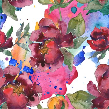 Sarı ve bordo peonies. Suluboya resim kümesi. Sorunsuz arka plan deseni. Kumaş duvar kağıdı yazdırma doku.