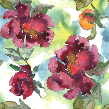 Sarı ve bordo peonies. Suluboya resim kümesi. Sorunsuz arka plan deseni. Kumaş duvar kağıdı yazdırma doku.