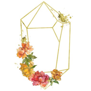 Sarı ve kırmızı üzerine beyaz izole peonies. Suluboya arka plan illüstrasyon küme. Çerçeve kenarlığı süsleme kopya alanı ile.