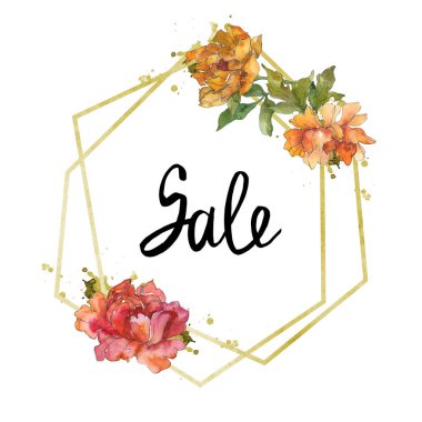 Sarı ve kırmızı üzerine beyaz izole peonies. Suluboya arka plan illüstrasyon küme. Çerçeve kenarlığı süsleme yazıt ile.