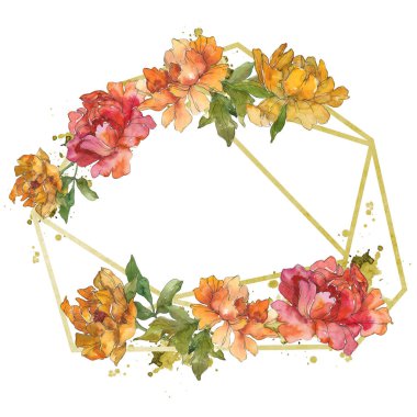 Sarı ve kırmızı üzerine beyaz izole peonies. Suluboya arka plan illüstrasyon küme. Çerçeve kenarlığı süsleme kopya alanı ile.