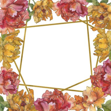 Sarı ve kırmızı üzerine beyaz izole peonies. Suluboya arka plan illüstrasyon küme. Çerçeve kenarlığı süsleme kopya alanı ile.
