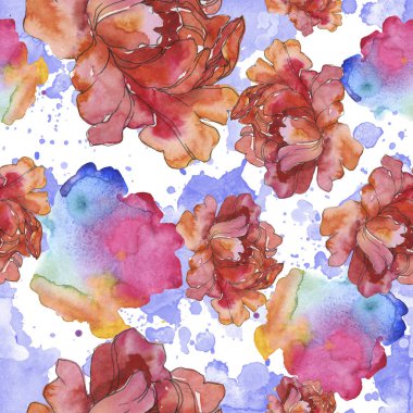 Sarı ve kırmızı peonies. Suluboya resim kümesi. Sorunsuz arka plan deseni. Kumaş duvar kağıdı yazdırma doku.