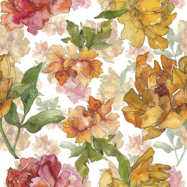 Sarı ve kırmızı peonies. Suluboya resim kümesi. Sorunsuz arka plan deseni. Kumaş duvar kağıdı yazdırma doku.