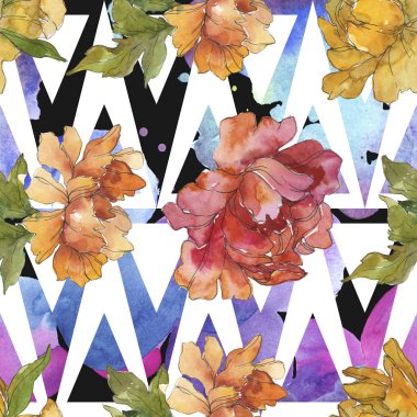 Sarı ve kırmızı peonies. Suluboya resim kümesi. Sorunsuz arka plan deseni. Kumaş duvar kağıdı yazdırma doku.