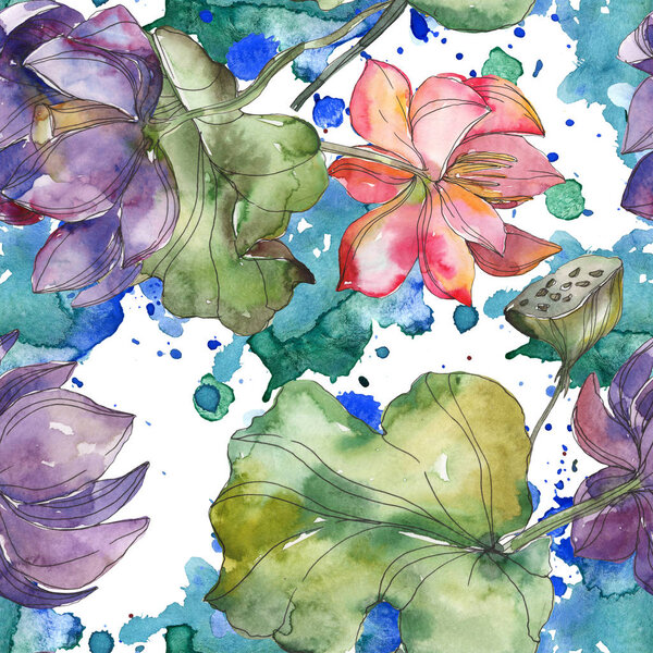 Pink and purple lotus botanical flower. Wild spring leaf isolated. Watercolor illustration set. Watercolour drawing fashion aquarelle. Seamless background pattern. Fabric wallpaper print texture.
