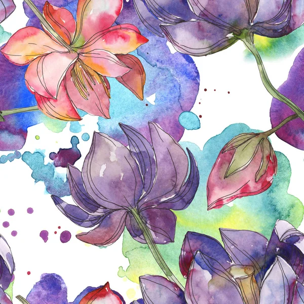 粉红色和紫色的莲花植物花 被隔绝的狂放的春天叶子 水彩插图集 水彩画时尚水彩画 无缝的背景模式 织物壁纸打印纹理 — 图库照片