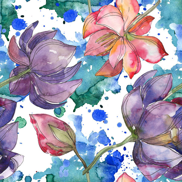 Pink and purple lotus botanical flower. Wild spring leaf isolated. Watercolor illustration set. Watercolour drawing fashion aquarelle. Seamless background pattern. Fabric wallpaper print texture.