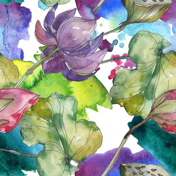 Pink and purple lotus botanical flower. Wild spring leaf isolated. Watercolor illustration set. Watercolour drawing fashion aquarelle. Seamless background pattern. Fabric wallpaper print texture.