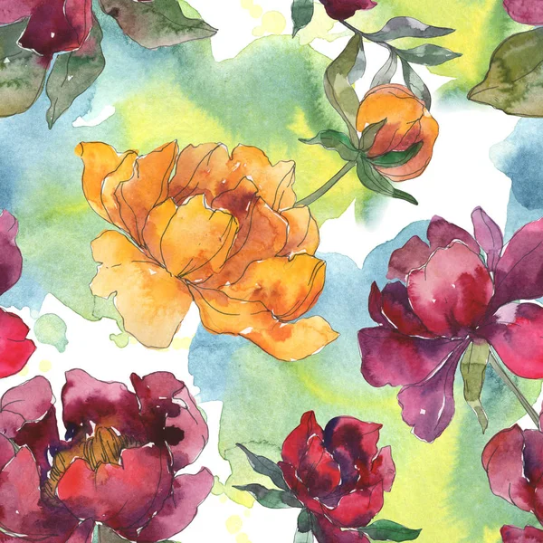 Yellow Burgundy Peonies Watercolor Illustration Set Seamless Background Pattern Fabric — Stock Photo, Image