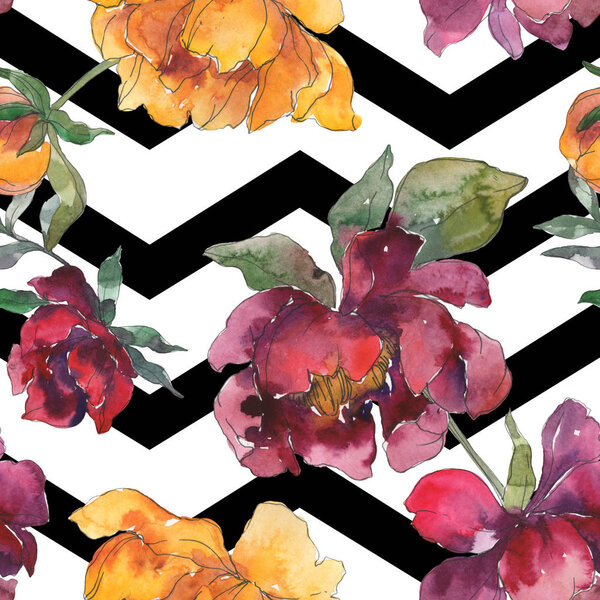 Yellow and burgundy peonies. Watercolor illustration set. Seamless background pattern. Fabric wallpaper print texture.