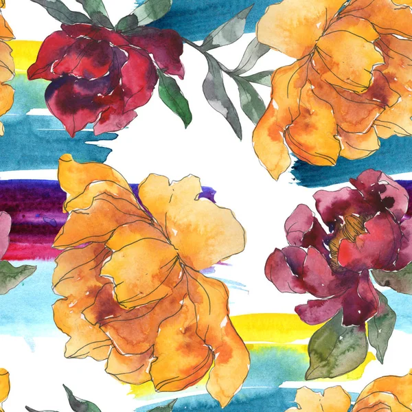 Yellow Burgundy Peonies Watercolor Illustration Set Seamless Background Pattern Fabric — Stock Photo, Image