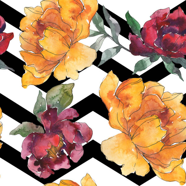 Yellow and burgundy peonies. Watercolor illustration set. Seamless background pattern. Fabric wallpaper print texture.