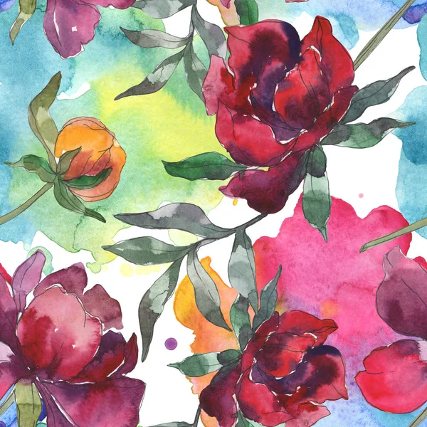 Pivoines Jaunes Bordeaux Ensemble Illustration Aquarelle Modèle Fond Sans Couture — Photo