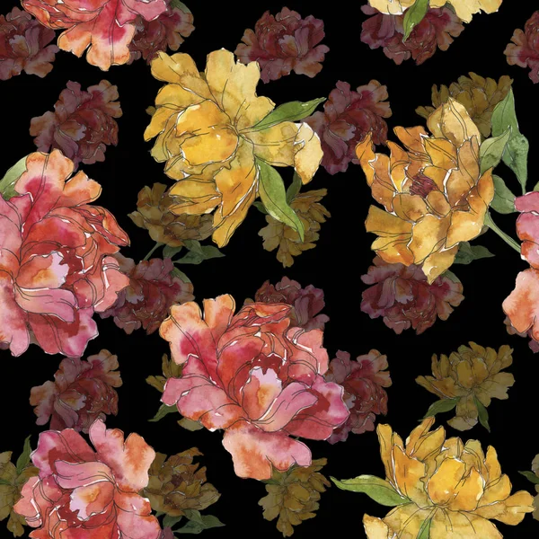 Yellow Red Peonies Watercolor Illustration Set Seamless Background Pattern Fabric — Stock Photo, Image