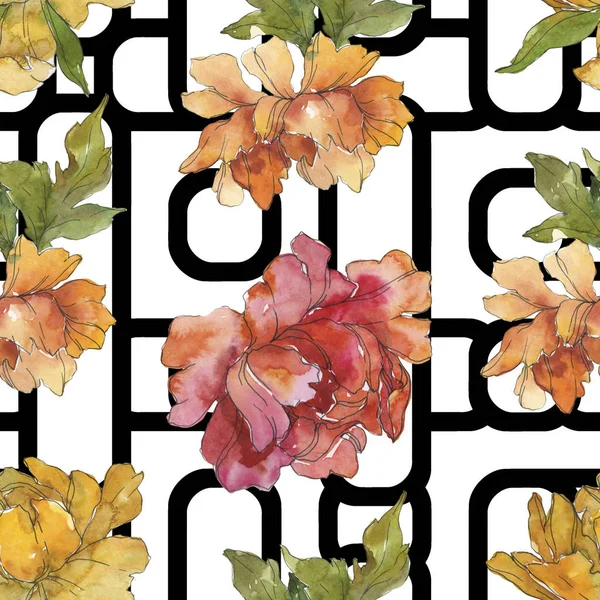 Sarı ve kırmızı peonies. Suluboya resim kümesi. Sorunsuz arka plan deseni. Kumaş duvar kağıdı yazdırma doku.