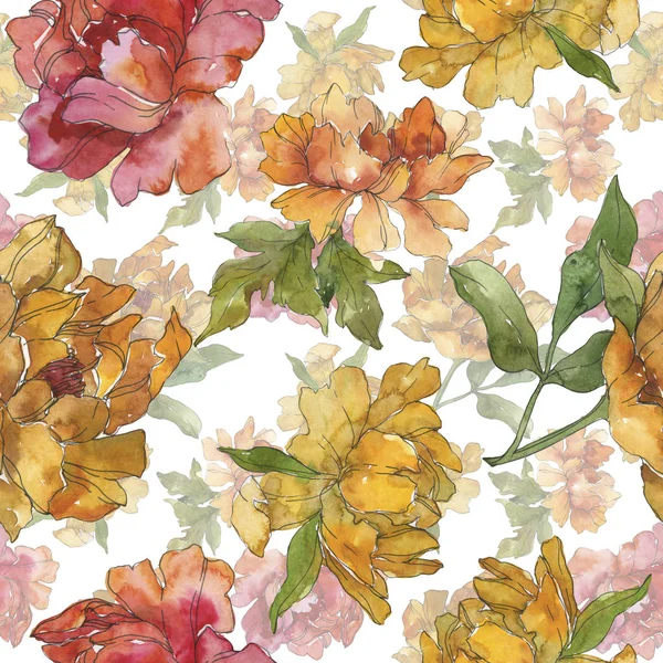 Yellow Red Peonies Watercolor Illustration Set Seamless Background Pattern Fabric — Stock Photo, Image