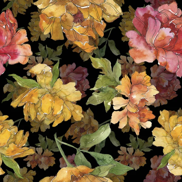 Yellow Red Peonies Watercolor Illustration Set Seamless Background Pattern Fabric — Stock Photo, Image