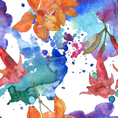 Kırmızı ve sarı tropikal botanik çiçek. Vahşi bahar yaprak izole. Suluboya resim kümesi. Suluboya çizim moda aquarelle. Sorunsuz arka plan deseni. Kumaş duvar kağıdı yazdırma doku.