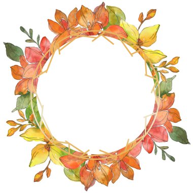 Kırmızı ve sarı tropikal Çiçek Botanik çiçekler. Vahşi bahar yaprak izole kır çiçeği. Suluboya arka plan illüstrasyon küme. Suluboya çizim moda aquarelle. Çerçeve kenarlığı süsleme Meydanı.