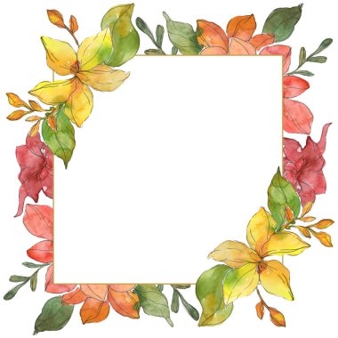 Kırmızı ve sarı tropikal Çiçek Botanik çiçekler. Vahşi bahar yaprak izole kır çiçeği. Suluboya arka plan illüstrasyon küme. Suluboya çizim moda aquarelle. Çerçeve kenarlığı süsleme Meydanı.