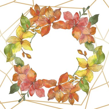 Kırmızı ve sarı tropikal Çiçek Botanik çiçekler. Vahşi bahar yaprak izole kır çiçeği. Suluboya arka plan illüstrasyon küme. Suluboya çizim moda aquarelle. Çerçeve kenarlığı süsleme Meydanı.