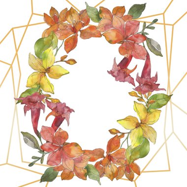 Kırmızı ve sarı tropikal Çiçek Botanik çiçekler. Vahşi bahar yaprak izole kır çiçeği. Suluboya arka plan illüstrasyon küme. Suluboya çizim moda aquarelle. Çerçeve kenarlığı süsleme Meydanı.