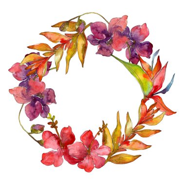 Çiçekler beyaz izole. Suluboya arka plan illüstrasyon küme. Çerçeve kenarlığı süsleme kopya alanı ile.