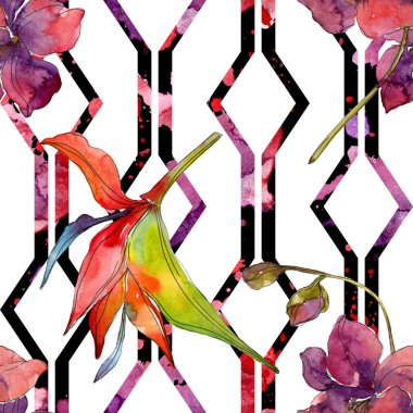 Kırmızı çiçekler suluboya arka plan illüstrasyon ayarlayın. Sorunsuz arka plan deseni.