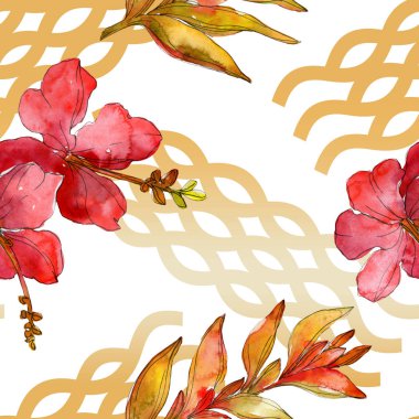 Red flowers watercolor background illustration set. Seamless background pattern. clipart