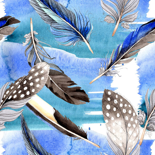 Bird feathers from wing. Watercolor background illustration set. Seamless background pattern. Fabric wallpaper print texture.