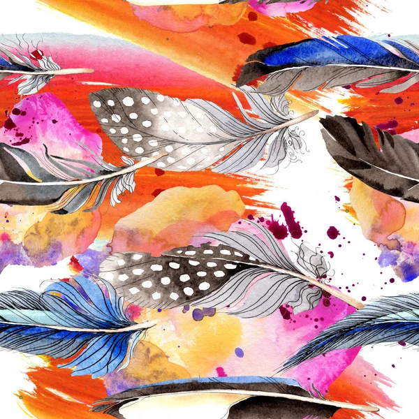 Fågelfjädrar Från Wing Akvarell Bakgrund Illustration Set Sömlös Bakgrundsmönster Tyg — Stockfoto