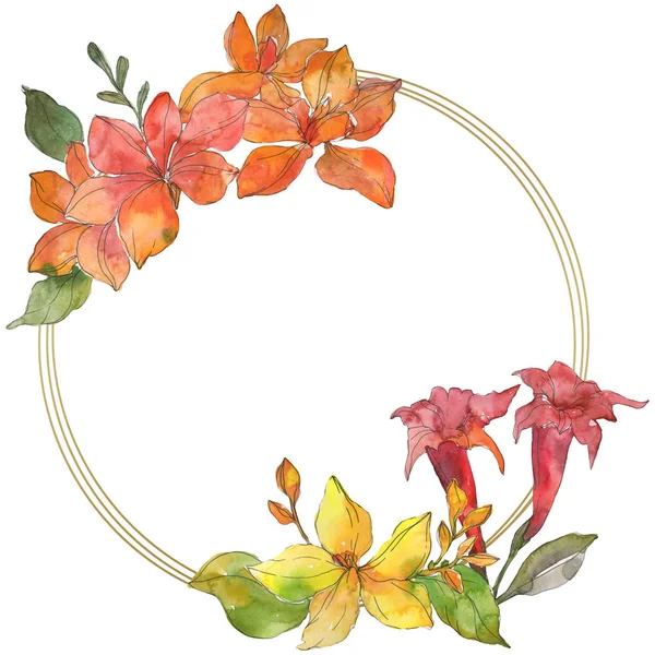 Red and yellow tropical floral botanical flowers. Wild spring leaf wildflower isolated. Watercolor background illustration set. Watercolour drawing fashion aquarelle. Frame border ornament square.