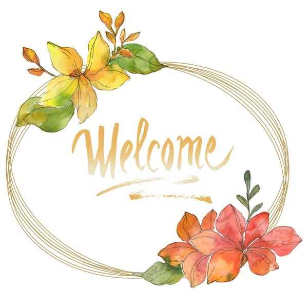 Red and yellow tropical floral botanical flowers. Wild spring leaf wildflower isolated. Watercolor background illustration set. Watercolour drawing fashion aquarelle. Frame border ornament square.
