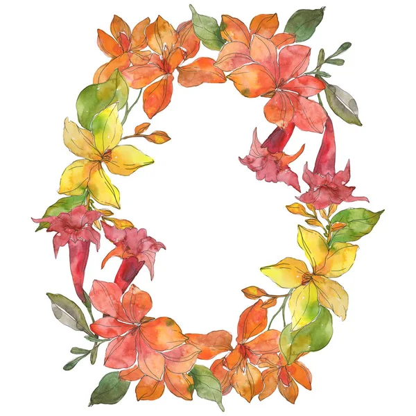 Red and yellow tropical floral botanical flowers. Wild spring leaf wildflower isolated. Watercolor background illustration set. Watercolour drawing fashion aquarelle. Frame border ornament square.
